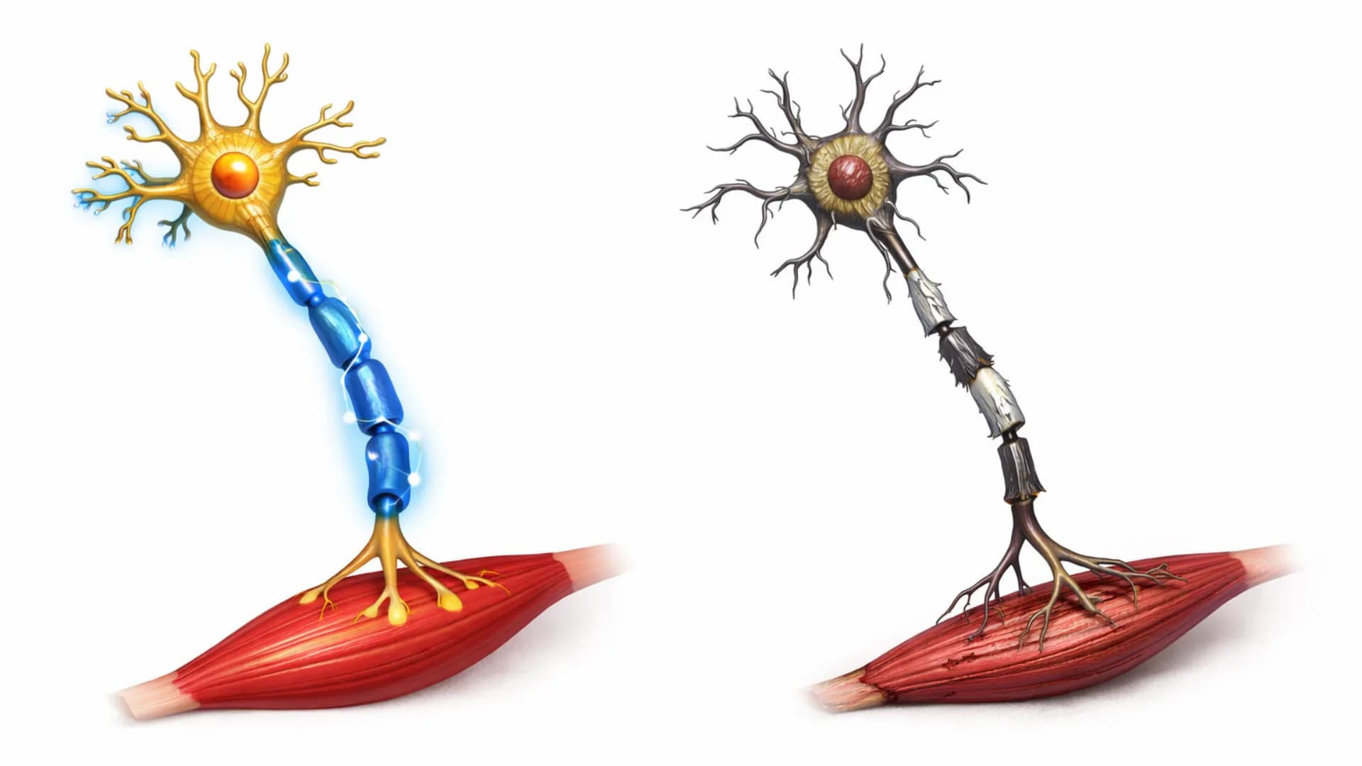 Illustration som jämför ett normalt motorneuron med ett ALS-skadat motorneuron och hur muskelvävnad påverkas.